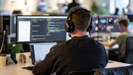 A male software developer wearing headphones is seated in front of two computer monitors.