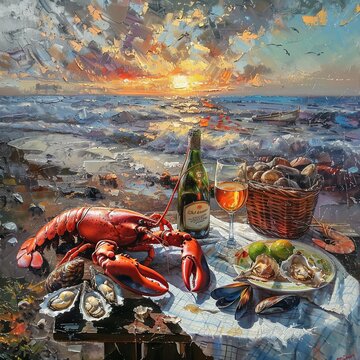 Natural landscape painting with lobster, oysters, wine by ocean
