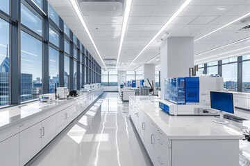 High-tech laboratory with advanced equipment. An impressive, state-of-the-art laboratory filled with advanced machinery and a view of the city skyline in the background