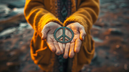 Close up of hands holding peace symbol, shallow depth of field, warm tones - Powered by Adobe