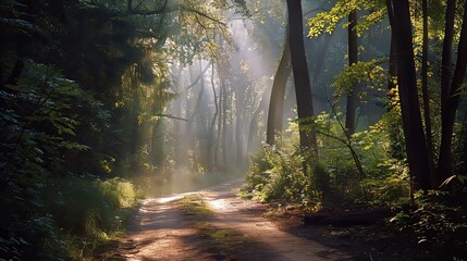 Obraz premium Shaded forest path with dappled sunlight filtering through the trees, providing a tranquil and inviting scene 
