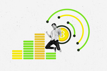 Composite photo collage of happy man analyst jump chart statistics bitcoin gold crypto money trade...