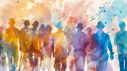 Watercolor banner with a group of workers of different professions, the concept of congratulations on World Labor Day - obrazy, fototapety, plakaty