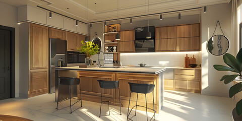 kitchen with sleek cabinets without handles featuring black edges. - obrazy, fototapety, plakaty