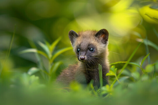 a baby pine marten is playing in the garden