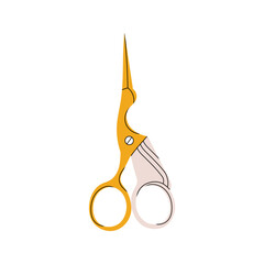 Metal vintage scissors in the shape of a bird with yellow handles. Tools for sewing and needlework in flat style. Vector stock illustration. Scissors in the shape of a bird.