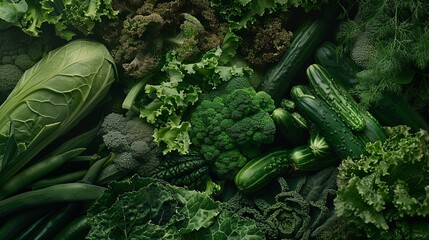 Showcase an array of fresh green vegetables against a textured background, emphasizing health and vitality in advertising campaigns. - obrazy, fototapety, plakaty