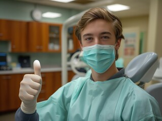Fototapeta na wymiar Patient giving a thumbs up after a successful procedure