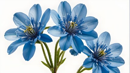 Fototapeta na wymiar Three fantastical, premium blue blossoms macro isolated on white background. Greeting card items for mothers' day, weddings, anniversaries, and women's days