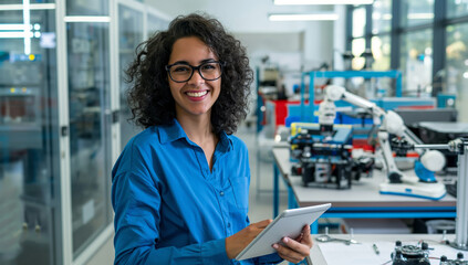 A female robotics engineer in a blue shirt is holding a tablet.