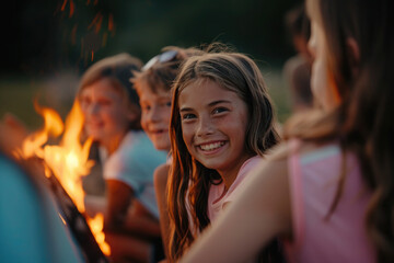 Active young kids, teenagers near campfire, summer camp