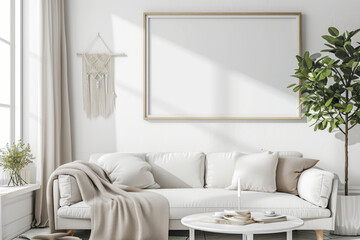 A modern living room featuring a white couch and a coffee table as the main focal points of the room