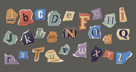 English alphabet. Printed letters from scraps of paper, magazines and newspapers. Vector isolated elements for collage or scrapbooking design.