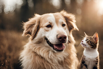Photo of happy dog and cat - obrazy, fototapety, plakaty