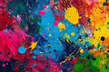A vibrant painting covered in various colored paint splatters, creating a dynamic and energetic composition