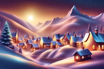 Crédence de cuisine en verre imprimé Aubergine Metallic 3D image of ultra-high definition, realistic, landscape format, christmas background, village in the snow