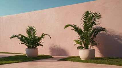 Podium and plant for product display on cream color background.3d rendering