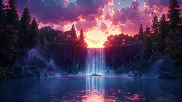 Tranquil waterfall landscape at sunset with water reflection. seamless looping 4k time-lapse animation video background