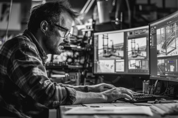 Obraz premium Engineer working on a computer with two displays, drawing and designing in CAD program.