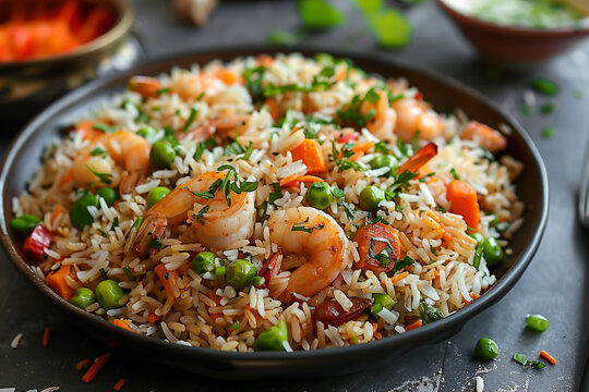 Spicy Shrimp, seafood  Fried Rice with Vegetables. black clay plate with on dark slate table. Chinese, asian, authentic food concept.