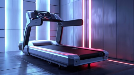 Modern Treadmill in a Neon-Lit Gym at Night