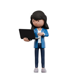 A woman is standing in front of a laptop computer. She is wearing a blue business suit