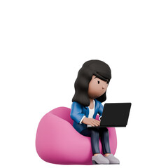 A woman is sitting on a pink bubble chair and using a laptop. She is focused on her work and she is in a serious mood