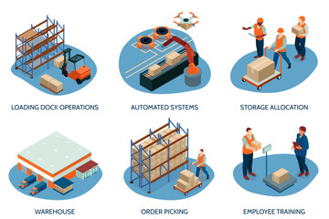 Isometric warehouse mini illustration set