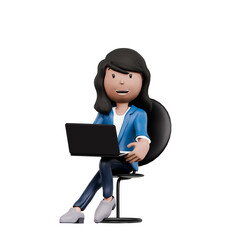 A woman is sitting on a chair with a laptop in front of her. She is smiling and she is enjoying her work. Concept of productivity and positivity