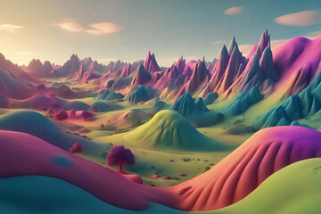 3D image of mysterious hills and valleys, cinema 3D, digital, ambient landscape, wide open spaces, colorful, cartoon