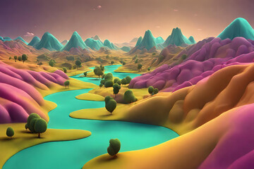 3D image of mysterious hills and valleys, cinema 3D, digital, ambient landscape, wide open spaces, colorful, cartoon - obrazy, fototapety, plakaty