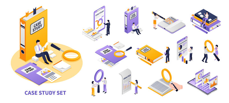 Case study illustration and icons in isometric view