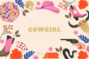 Cowgirl flat hand drawn cartoon background - obrazy, fototapety, plakaty