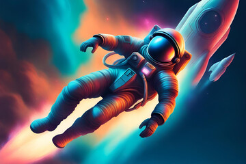 Cyberpunk photo of astronaut floating in space outside a rocket ship - obrazy, fototapety, plakaty