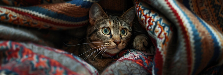 A cat with wide eyes peeking out from under a cozy blanket in a playful and mischievous manner