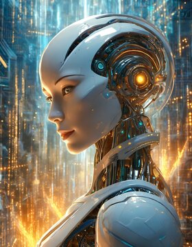  a humanoid AI robot, designed to resemble a young woman, set against an abstract digital background