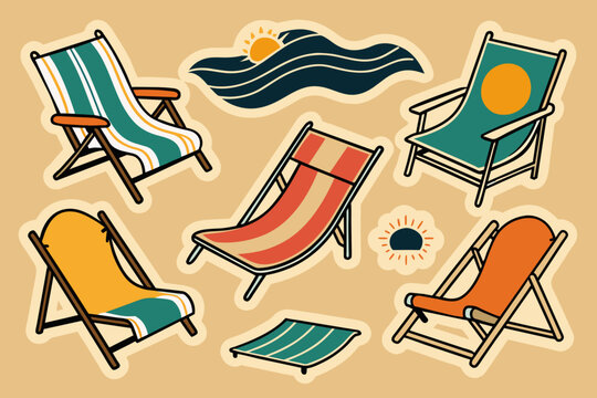 Collection of minimalistic  reclining chair on the beach sticker ,Has a black border, vintage boohoo ,white background
