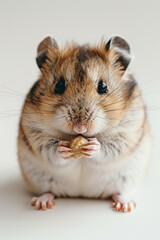 A brown and white hamster is nibbling on a piece of food in its habitat