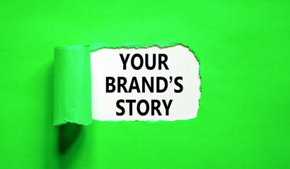 Branding and your brand story symbol. Concept words Your brands story on beautiful white paper. Beautiful green paper background. Business branding your brand story concept. Copy space.