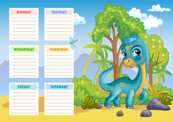 Cute blue dinosaur Diplodocus printable weekly planner vector