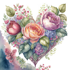 Vintage Classic Watercolor Botanical Flower Heart Bouquet