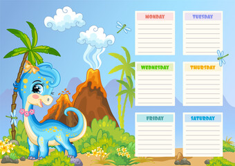 Cute blue dinosaur printable weekly planner vector