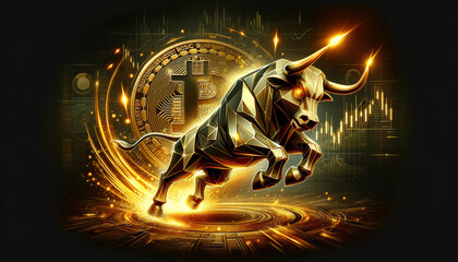 illustration of a stylized metal bull in dynamic pose, with symbol bitcoin on black background