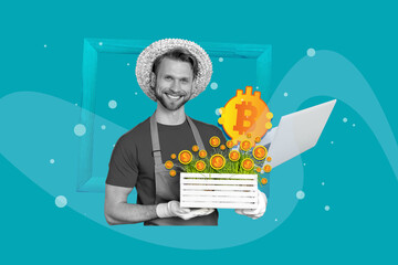 Creative picture collage young happy smiling man gardener holding green grass bitcoin golden tokens...