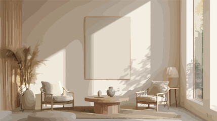 Light living room interior with three wooden seats bei