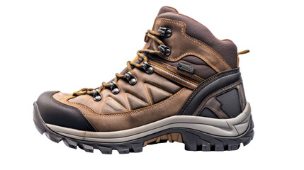 A sturdy pair of hiking boots set against a crisp white background