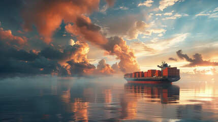 A cargo ship cruises on calm seas under a sky filled with fiery clouds as the sun sets - obrazy, fototapety, plakaty