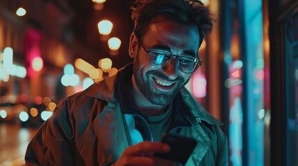 Obraz premium Middle age man texting smartphone at night street and smiling.