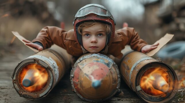 A kid flying horizontally with a rocket strapped to his back