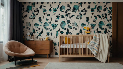 Interior of children's bedroom with baby crib and shelving unit - obrazy, fototapety, plakaty
